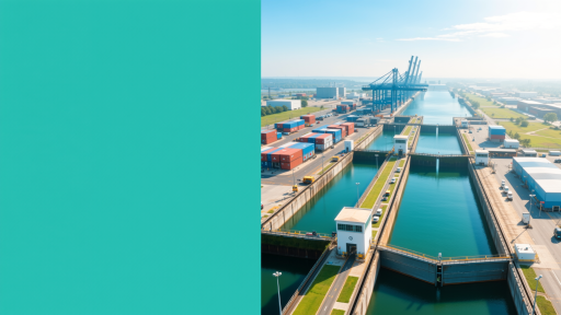 Modern port terminal with large cargo ships, multiple rows of colorful shipping containers, cranes loading/unloading, blue sky, industrial maritime infrastructure