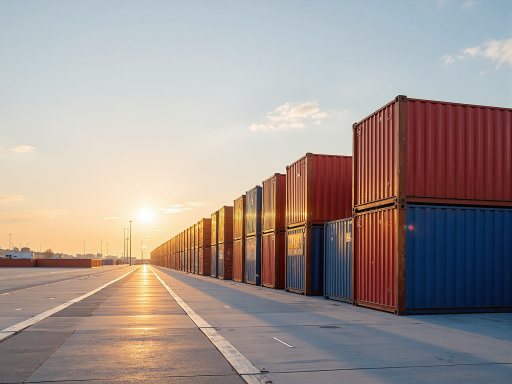 Shipping containers at a modern port facility during sunrise, blue sky, dock infrastructure visible